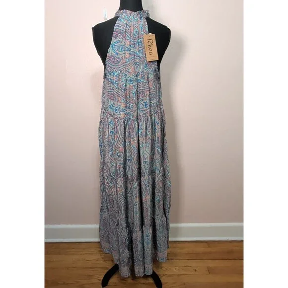 Rhea Women One Size Silk Blend Teal Pink Paisley Maxi Dress Boho Tiered Festival - Picture 5 of 10